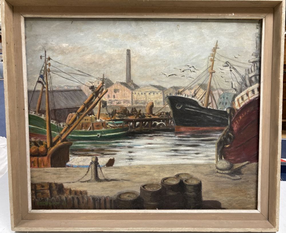 Helen Watt, oil on board, Harbour scene, signed and dated 61, 50 x 60cm